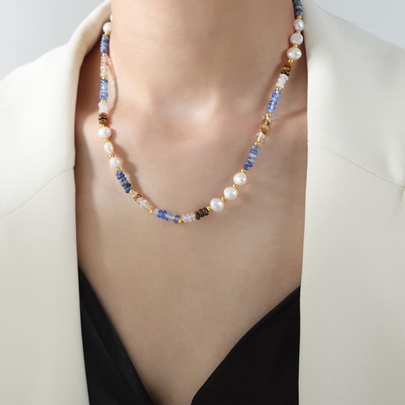 18K Gold Plated Gemstone Necklace*Lapis Lazuli*Freshwater Pearls*Tourmaline* - Picture 1 of 8